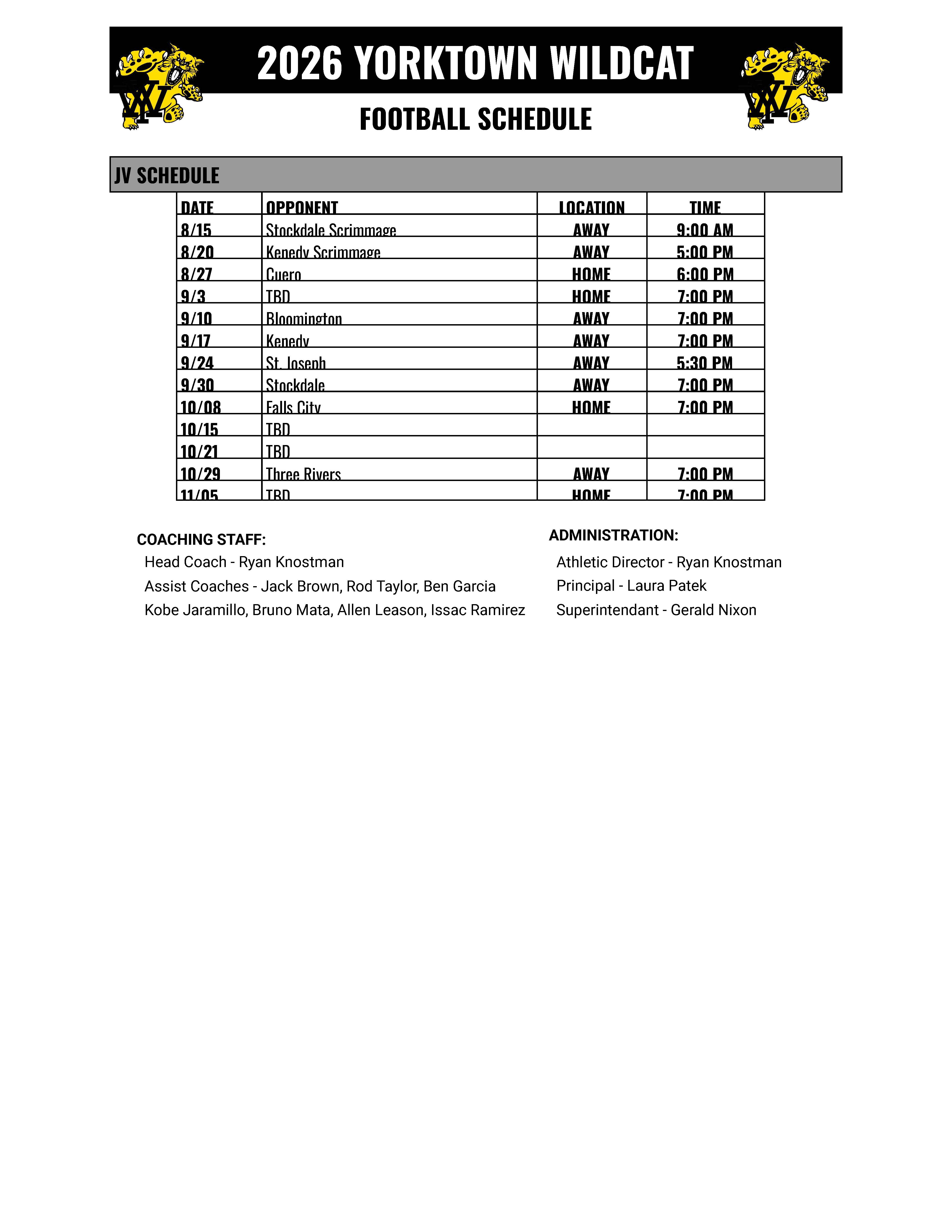 2026 JV Schedule